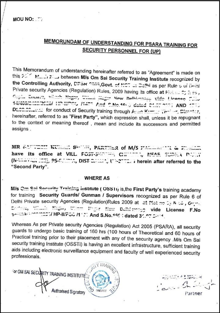 Training Institute MoU for Delhi PSARA